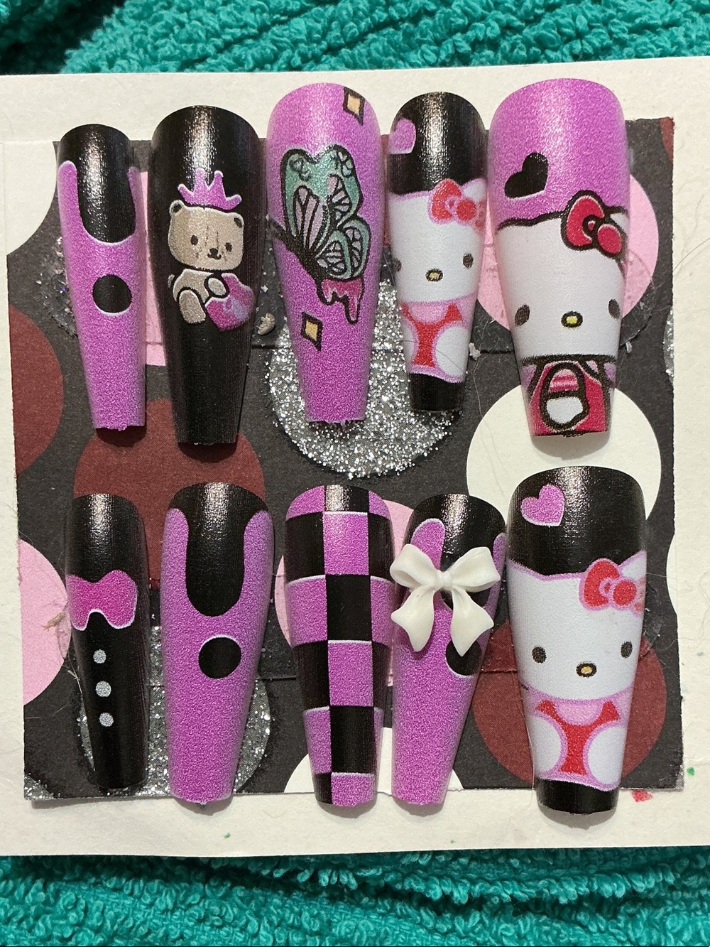 Size Large Pink & Black Cute Character Press-On Nails Set